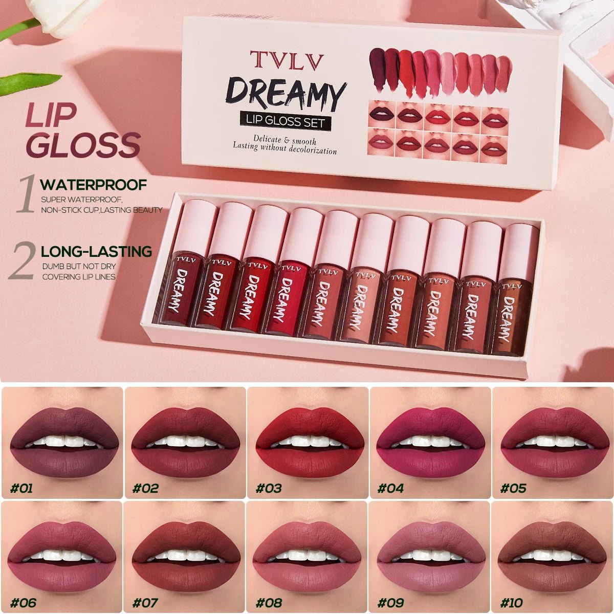 Coffret 10 Gloss à Lèvres Velours Waterproof - Longue Tenue Hydratant Cadeau - meliaglow